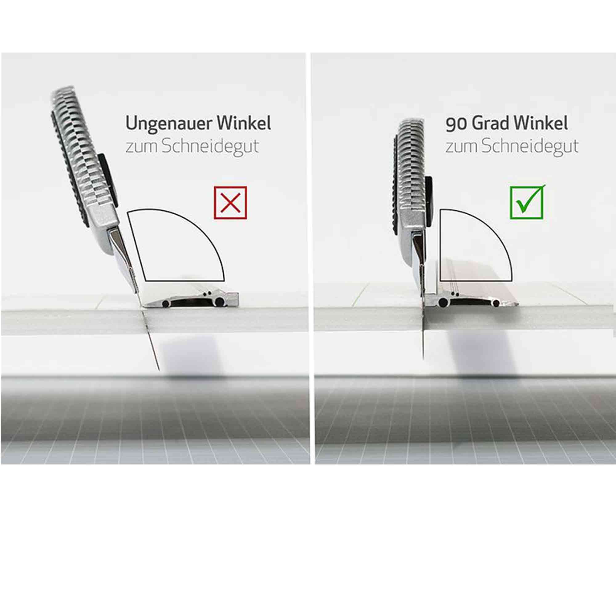 Wie setzt wird das Schneidemesser richtig an dem Schneidelineal angesetzt. Richtiges Schneiden mit dem Schneidelineal