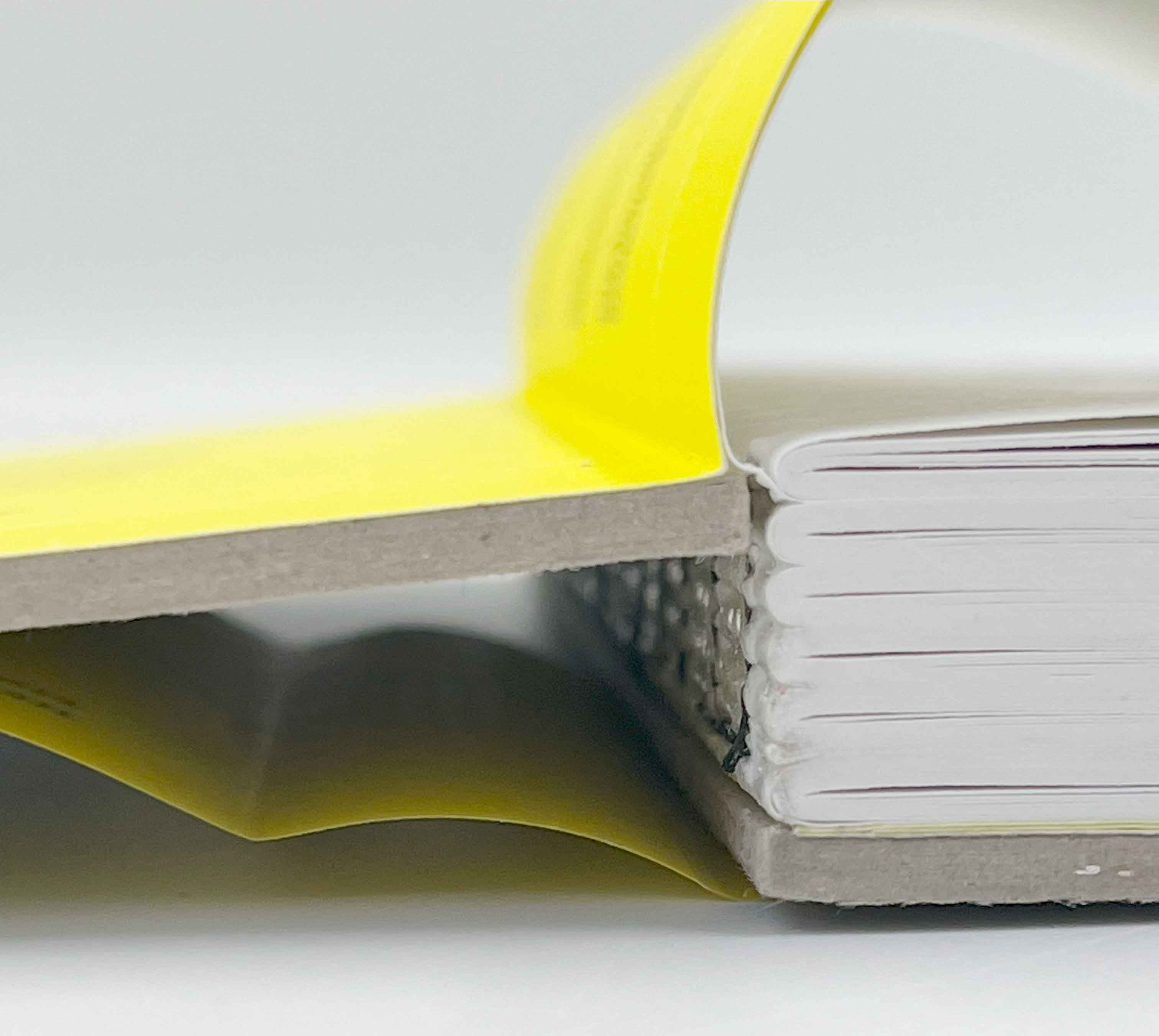 Offener Buchrücken mit verklebtem Vorsatzpapier durch Bogenware