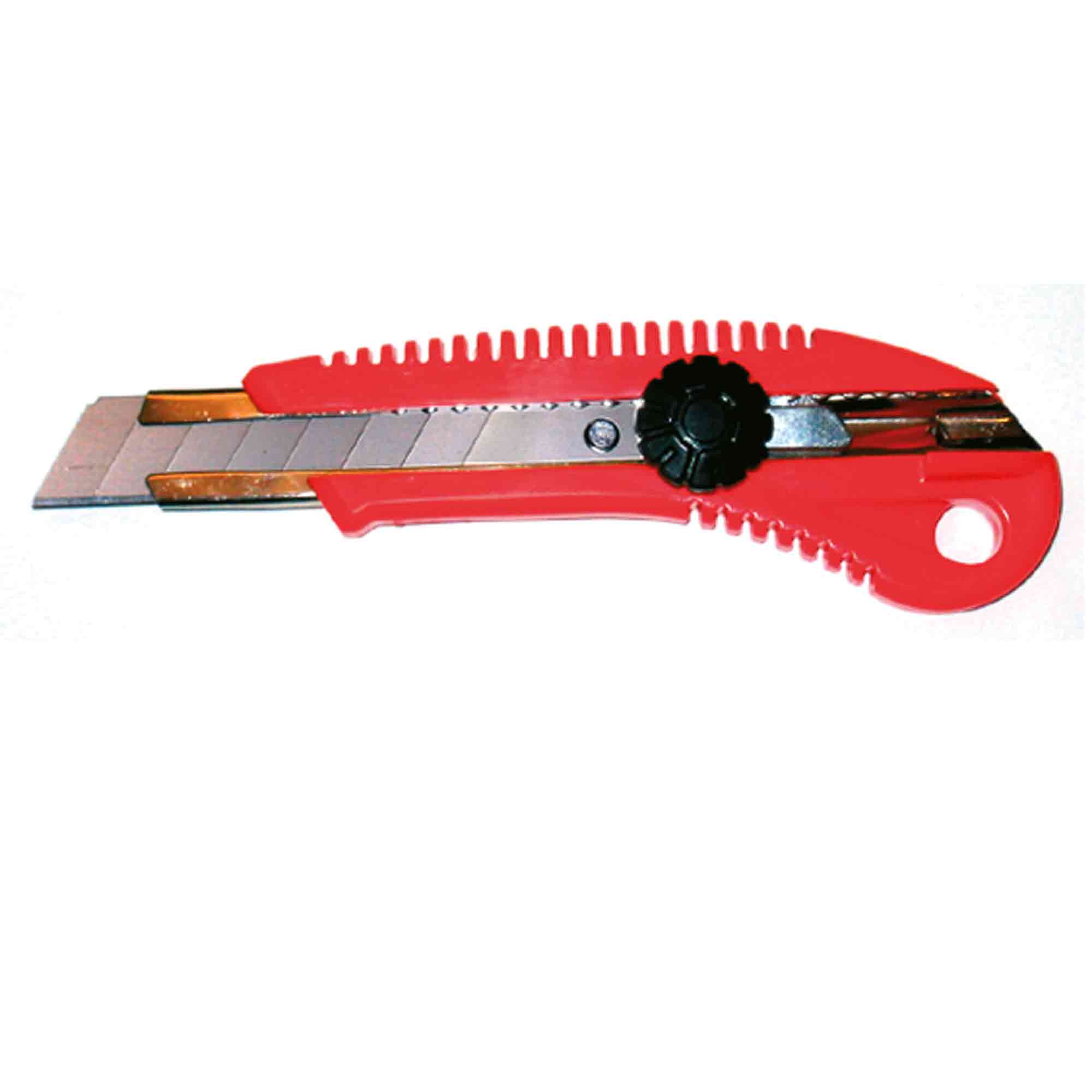 Detailaufnahme beim präzisen Schnitt durch Folie oder Karton – Einsatzbereich Verpackung. Standardmesser 18 mm beim Schneiden von Verpackungsmaterial