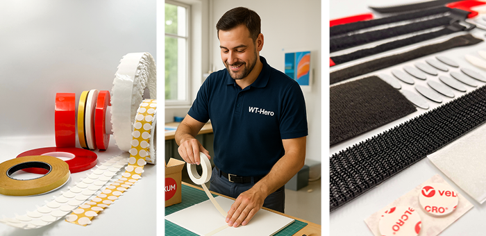 Glücklicher Werbetechniker mit FIXUM Produkten – Effizient kleben, sauber lösen Ein strahlender Werbetechniker arbeitet mit FIXUM Produkten – vor ihm eine übersichtliche Auswahl an Klett-, Klebe- und Magnetlösungen für die Werbetechnik. Zufriedenheit durch einfache, schnelle und rückstandsfreie Anwendung.